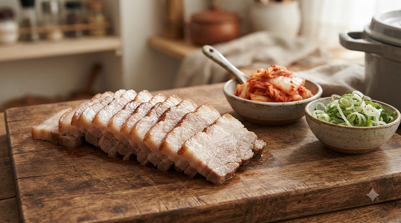 한국식 돼지고기 수육 (보쌈)과 김치두부국