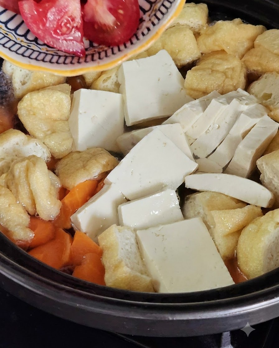 작은 그릇에 담긴 썰어둔 토마토를 냄비에 붓는 모습