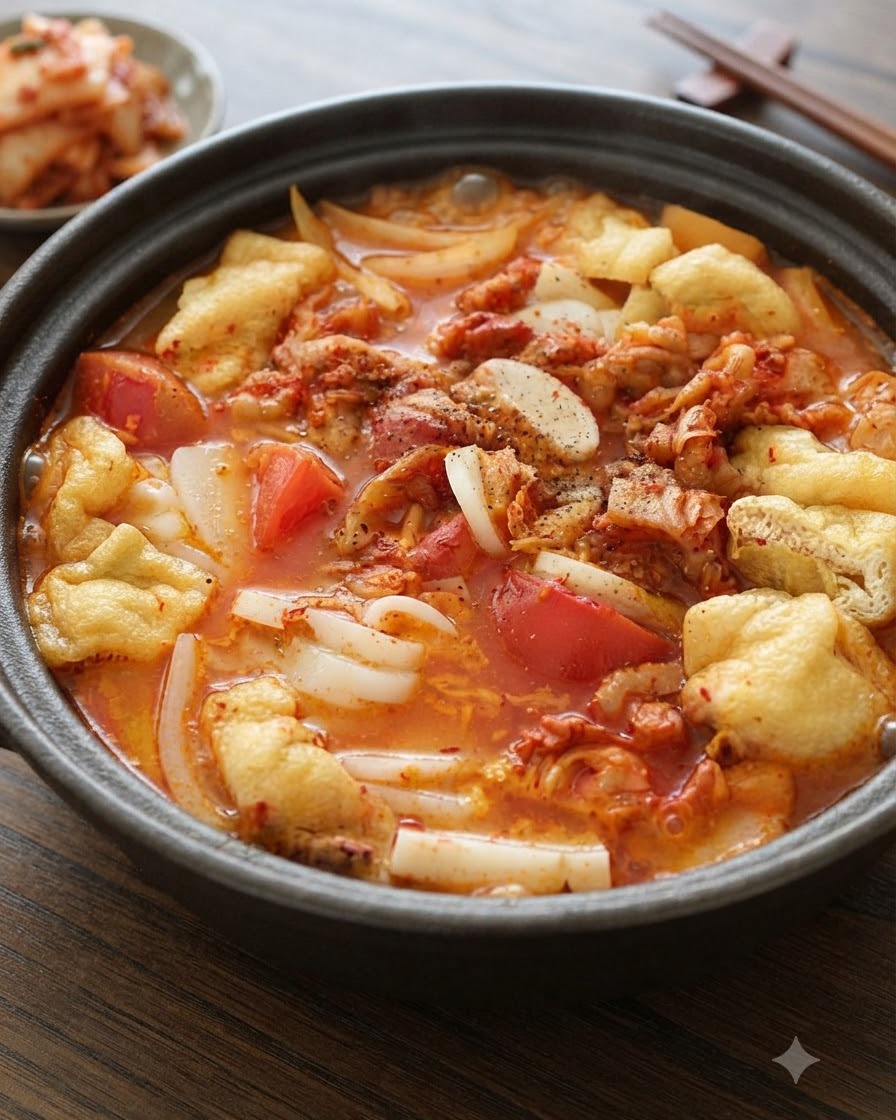 김치국이 끓고 있는 냄비 위에 후추를 뿌리는 클로즈업 샷