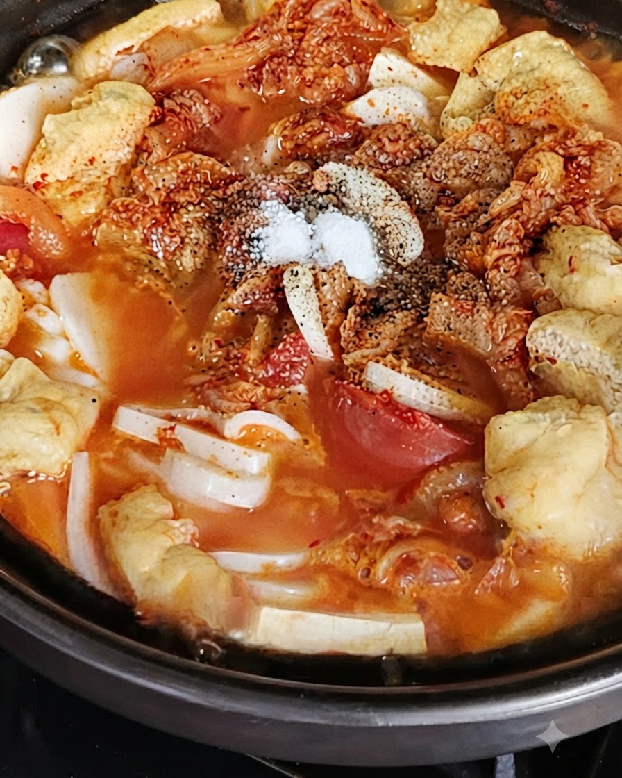 팔팔 끓는 냄비 중앙에 소금을 넣는 모습