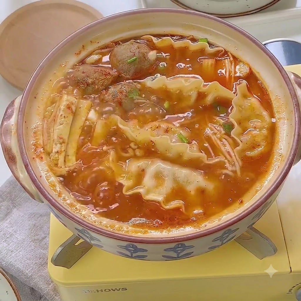 다진 쪽파와 참깨가 고명으로 뿌려진 완성된 한국식 김치 만두 전골.
