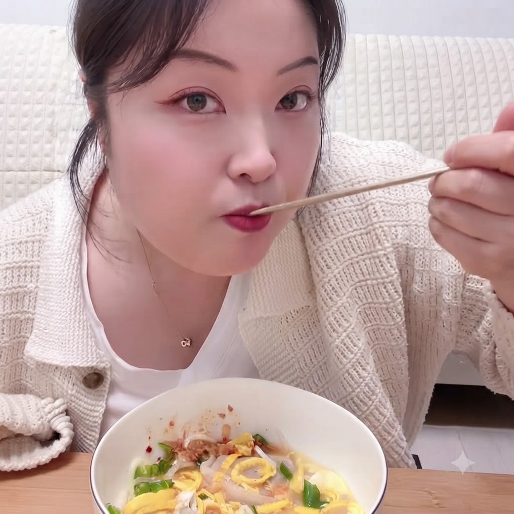 보글보글 끓는 국물 냄비 속으로 김치만두를 조심스럽게 넣고 있습니다.