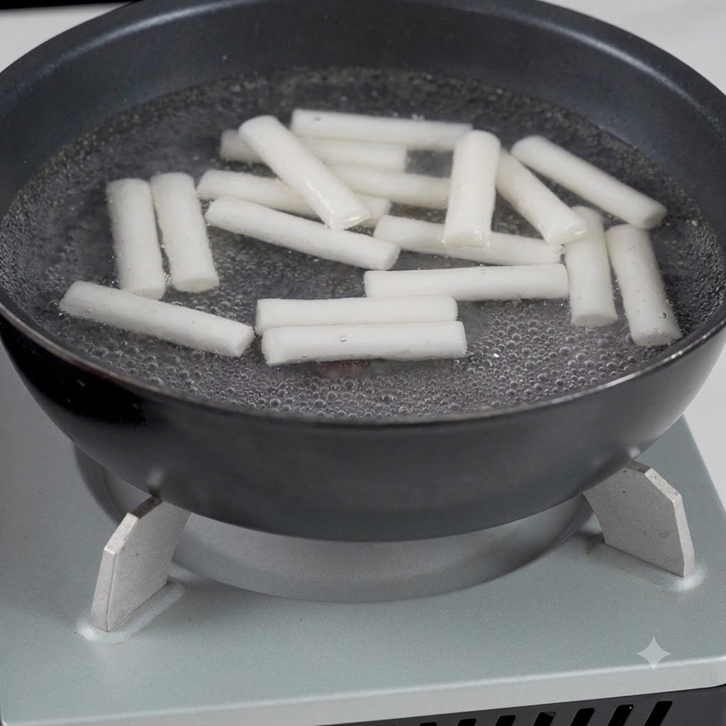 휴대용 버너 위 냄비에서 물이 끓으며 떡국떡이 삶아지는 모습