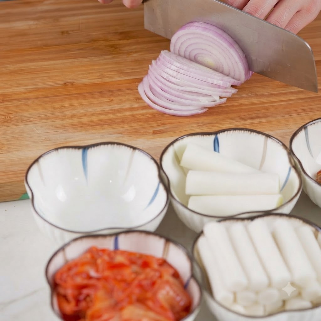 재료가 담긴 그릇 옆 도마 위에서 칼로 적양파를 얇게 썰고 있는 모습