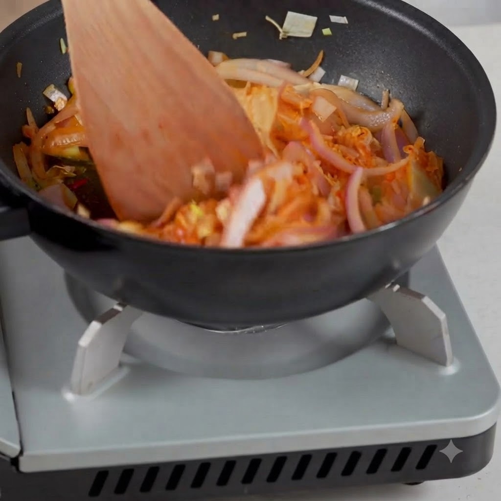 볶아진 김치와 양파가 담긴 팬에 물을 붓는 모습