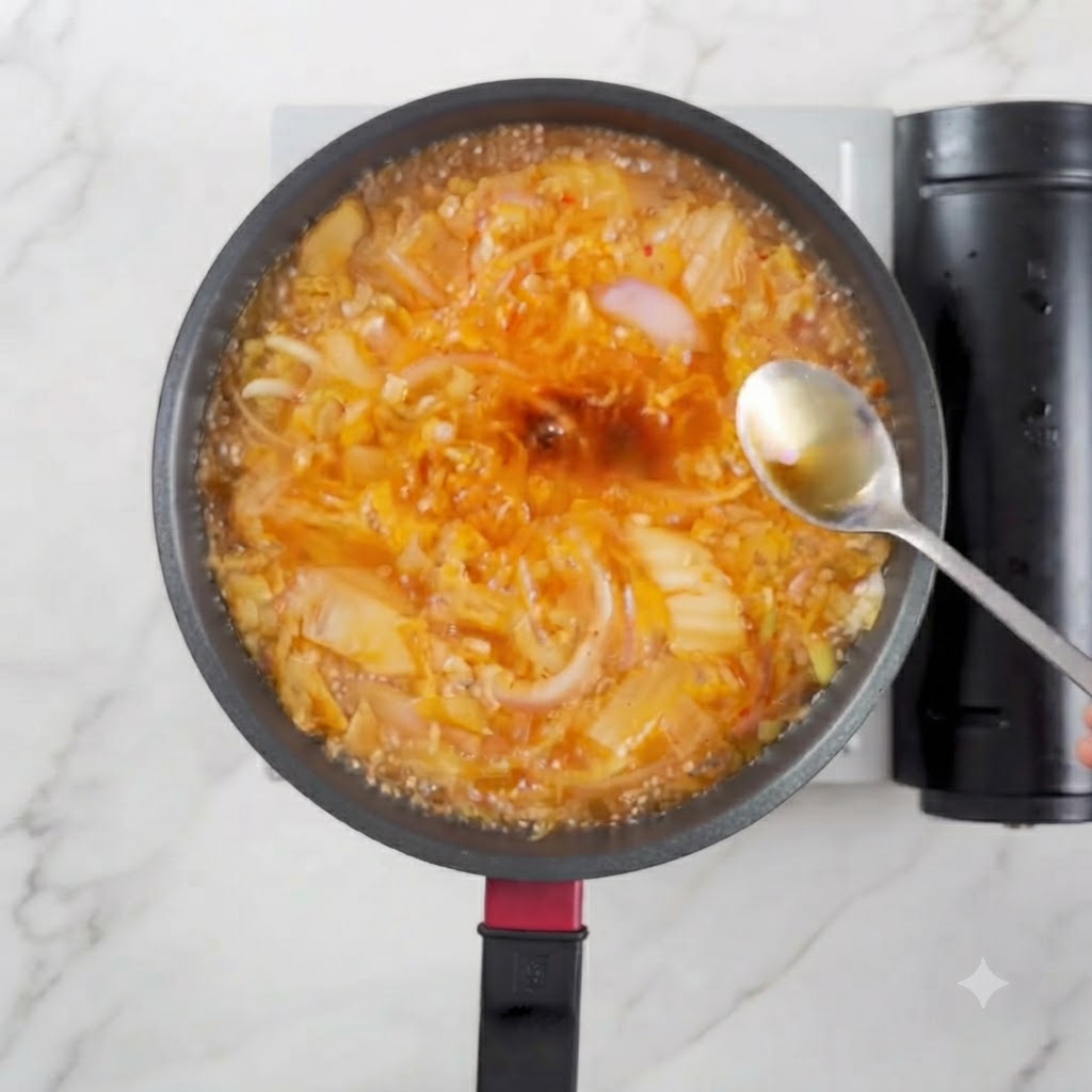 끓고 있는 김치찌개에 참기름을 떨어뜨리는 모습