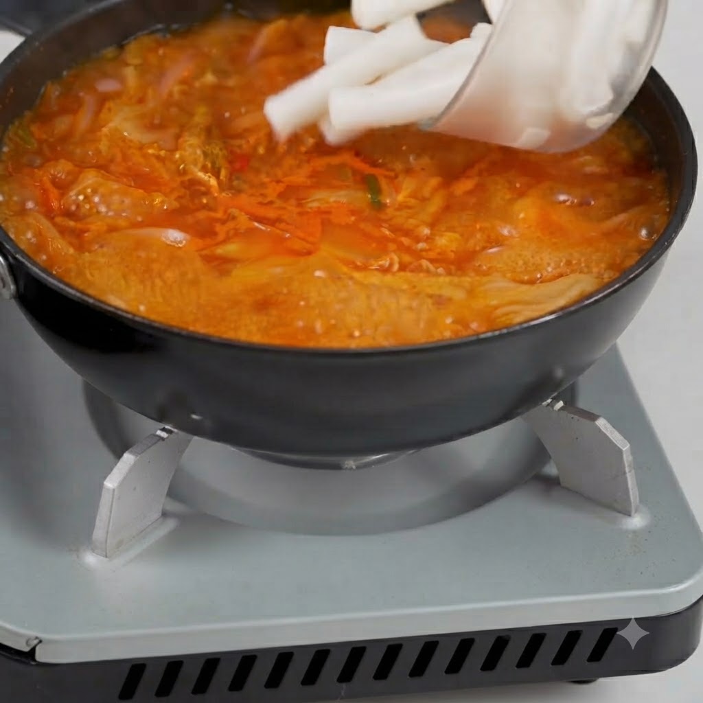 미리 삶아둔 흰 떡국떡을 붉은 김치 국물에 넣는 모습