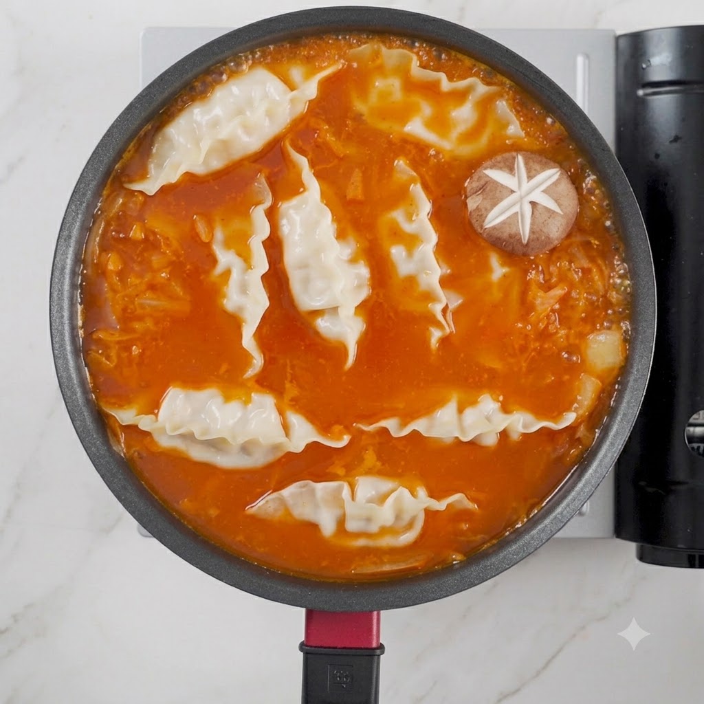 예쁜 칼집을 낸 표고버섯을 국물 위에 가지런히 올린 모습