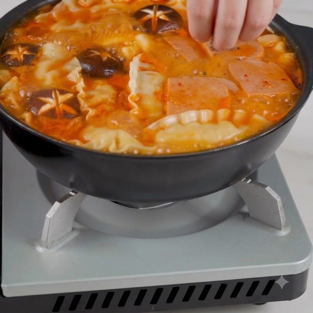 보글보글 끓는 김치 국물 위에 손으로 통깨와 송송 썬 대파를 뿌리는 모습
