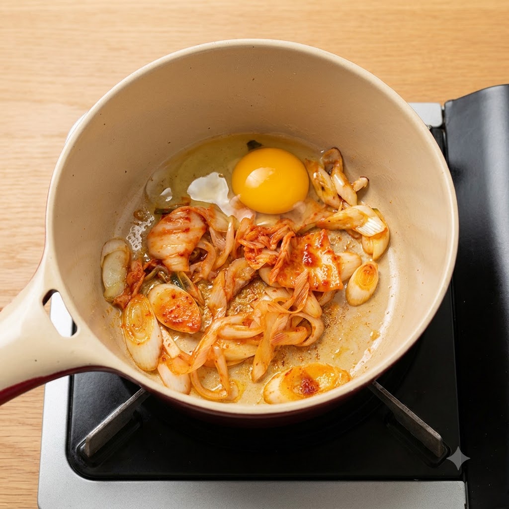 볶아진 김치와 대파 사이로 깨뜨려 넣은 통계란 두 개가 있는 모습.
