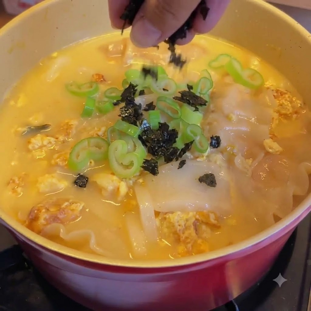진한 김치 떡만두국 위의 초록색 파 위에 부순 김을 뿌리는 손.
