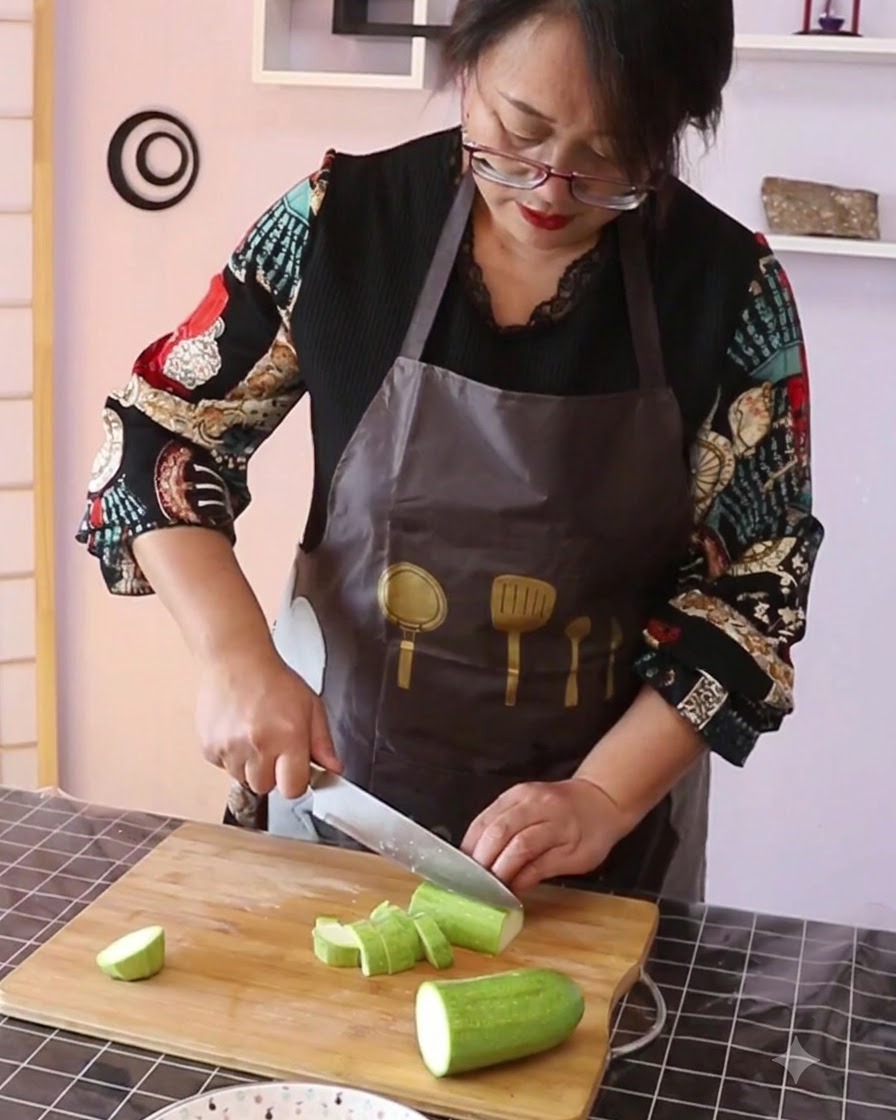 나무 도마 위에서 애호박을 큼직하게 썰고 있는 모습.