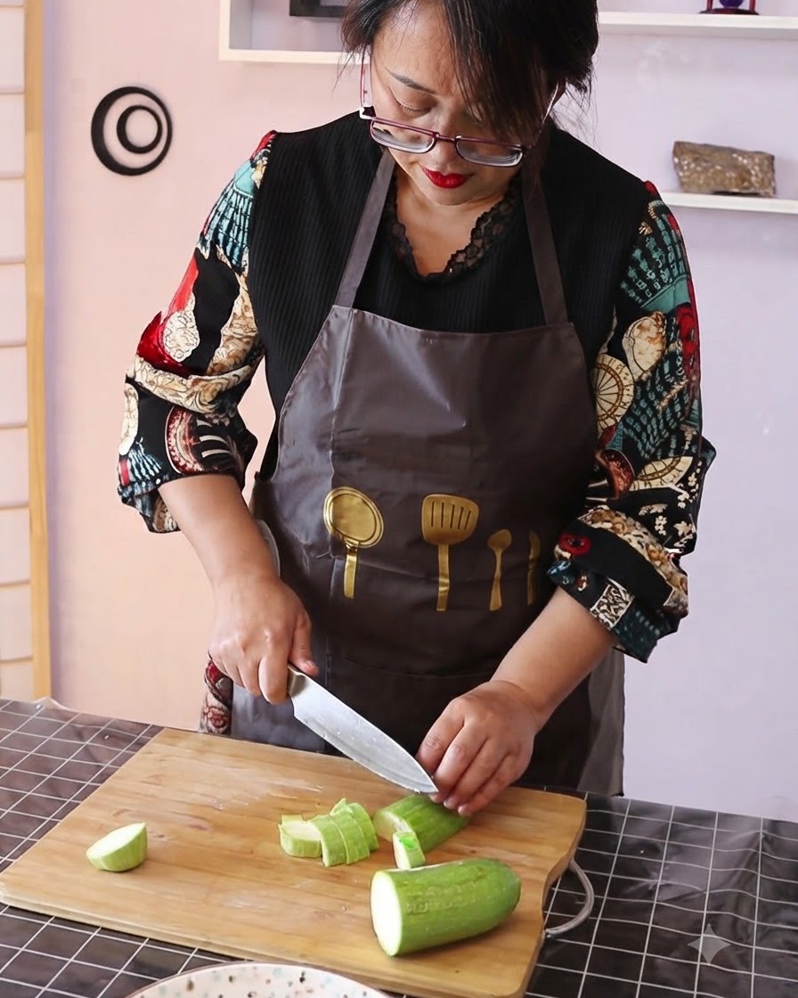 나무 도마 위에서 배추와 큼직한 단단한 두부 블록을 썰고 있는 모습.