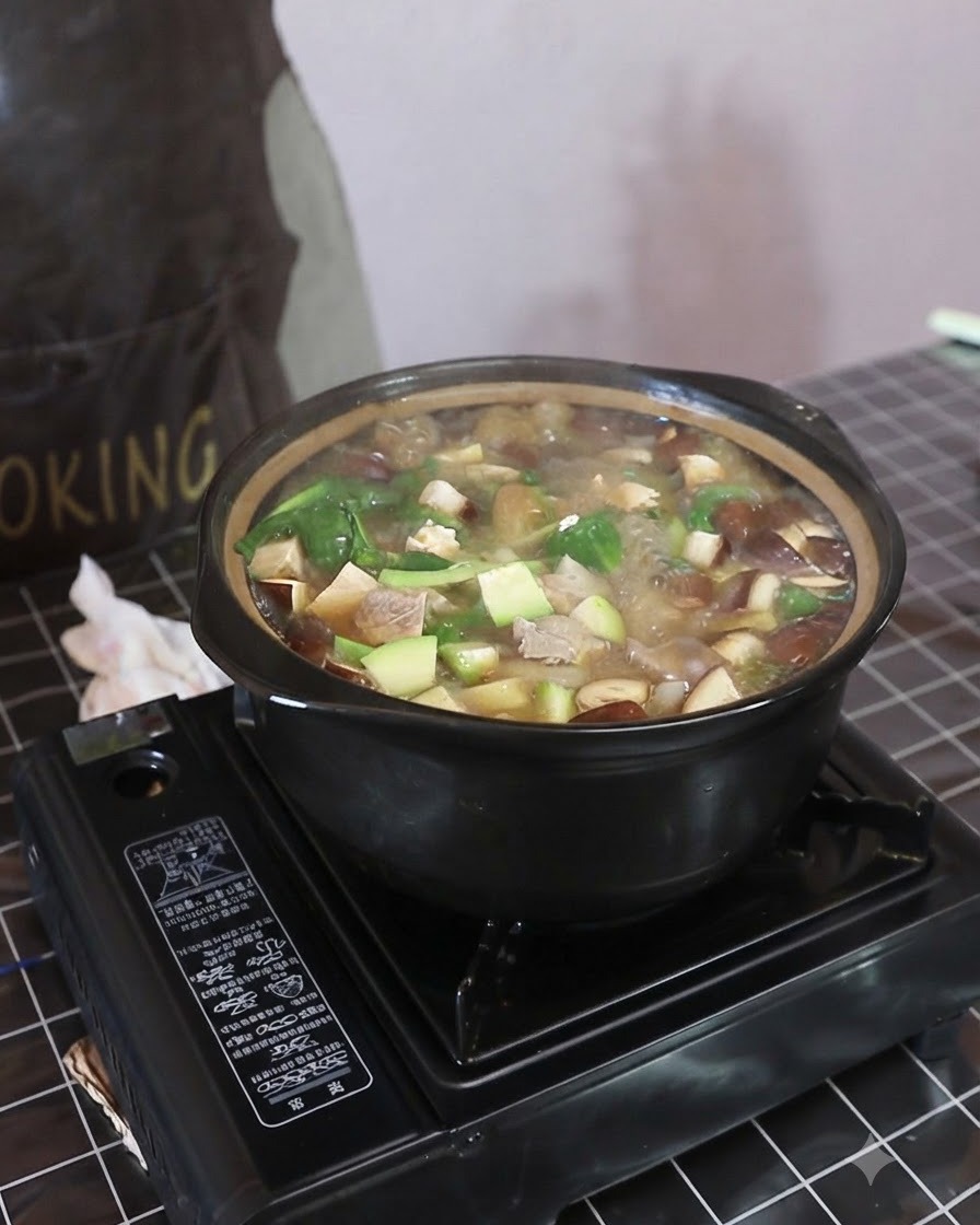 보글보글 끓는 찌개와 채소가 담긴 냄비에 하얀 조미료 가루 한 숟가락을 넣고 있는 모습.