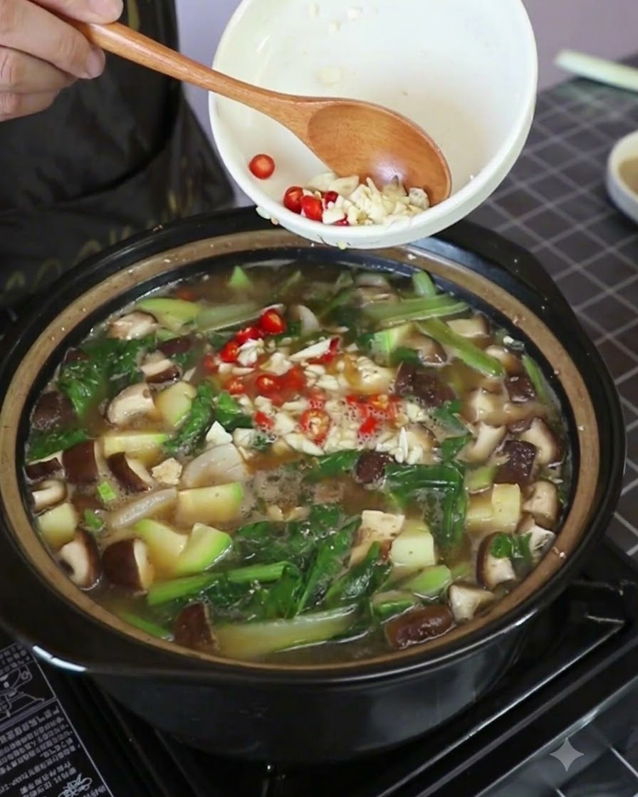하얀 그릇에 담긴 다진 마늘과 붉은 태국 고추 링을 김이 나는 찌개 냄비에 털어 넣고 있는 모습.