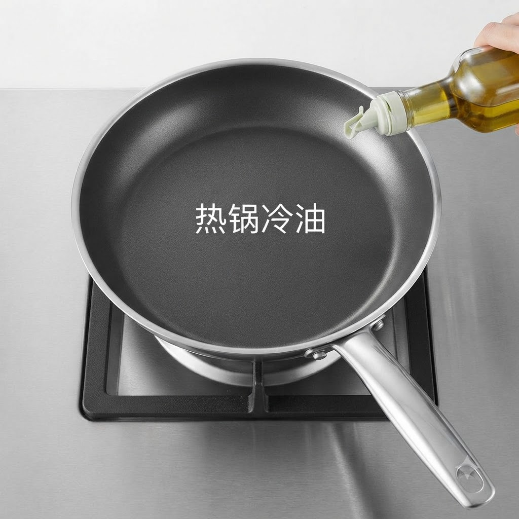 스토브 위 예열된 프라이팬에 식용유가 병에서 부어지고 있는 모습