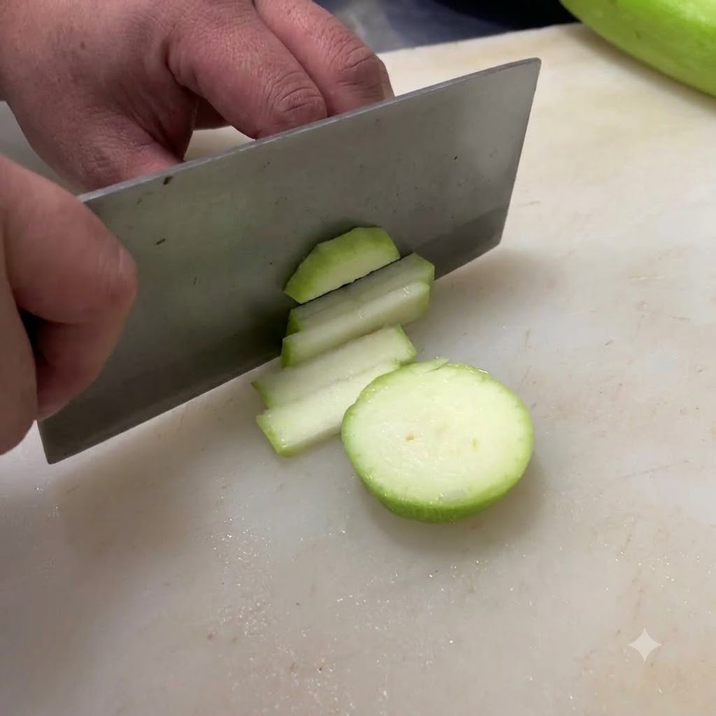 하얀 도마 위에서 당근을 얇게 썰고 있는 모습.