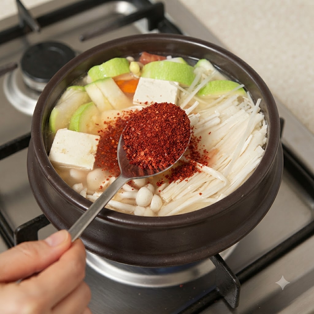 보글보글 끓는 찌개 냄비에 선명한 붉은색 고춧가루를 숟가락으로 넣고 있는 모습.
