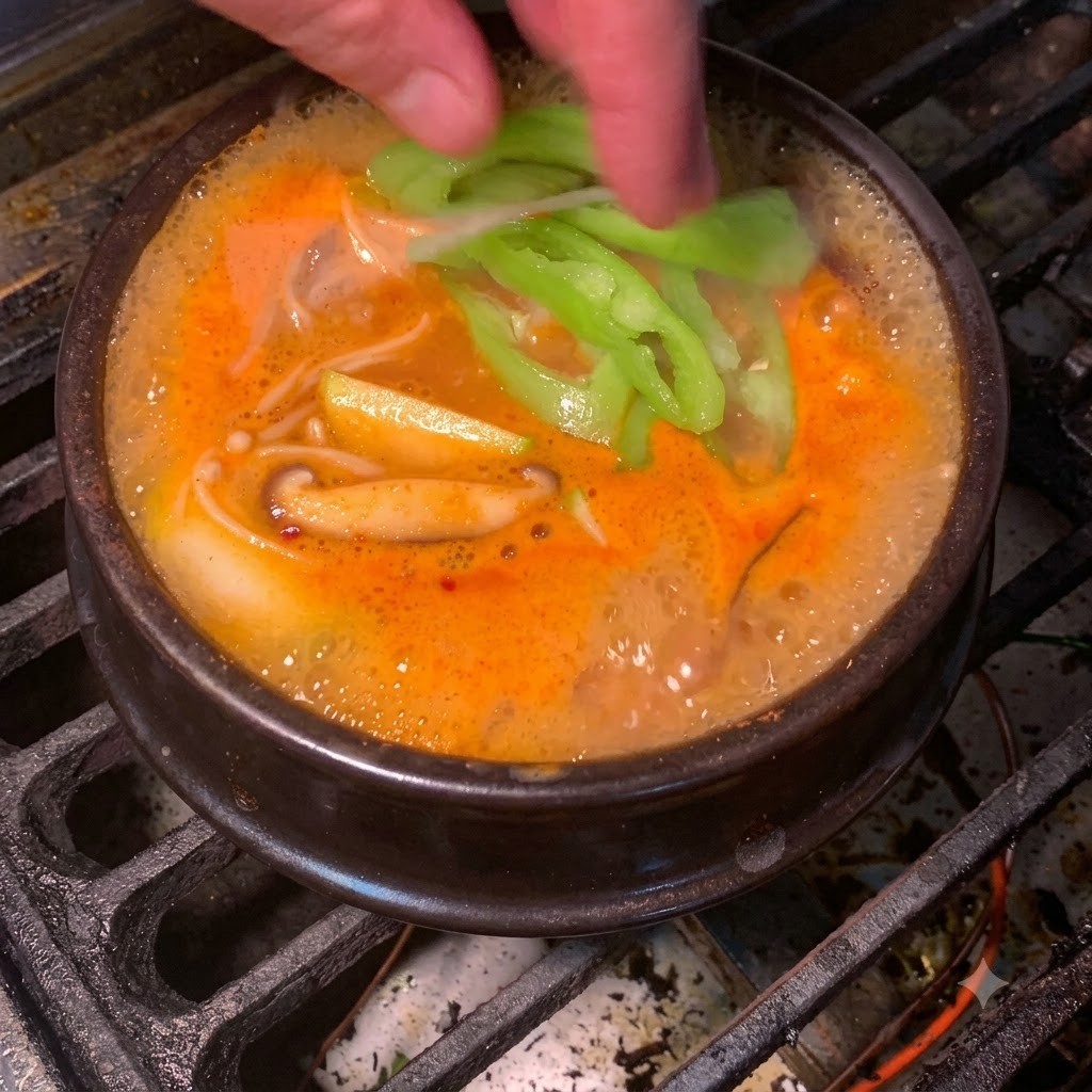 주황빛 끓는 된장찌개에 썬 청고추 조각들을 떨어뜨리고 있는 모습.