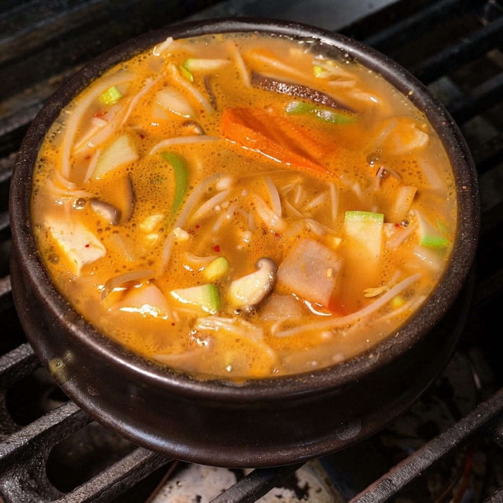 끓고 있는 한국식 된장찌개에 신선한 상추 잎과 속대가 섞여 있는 모습.