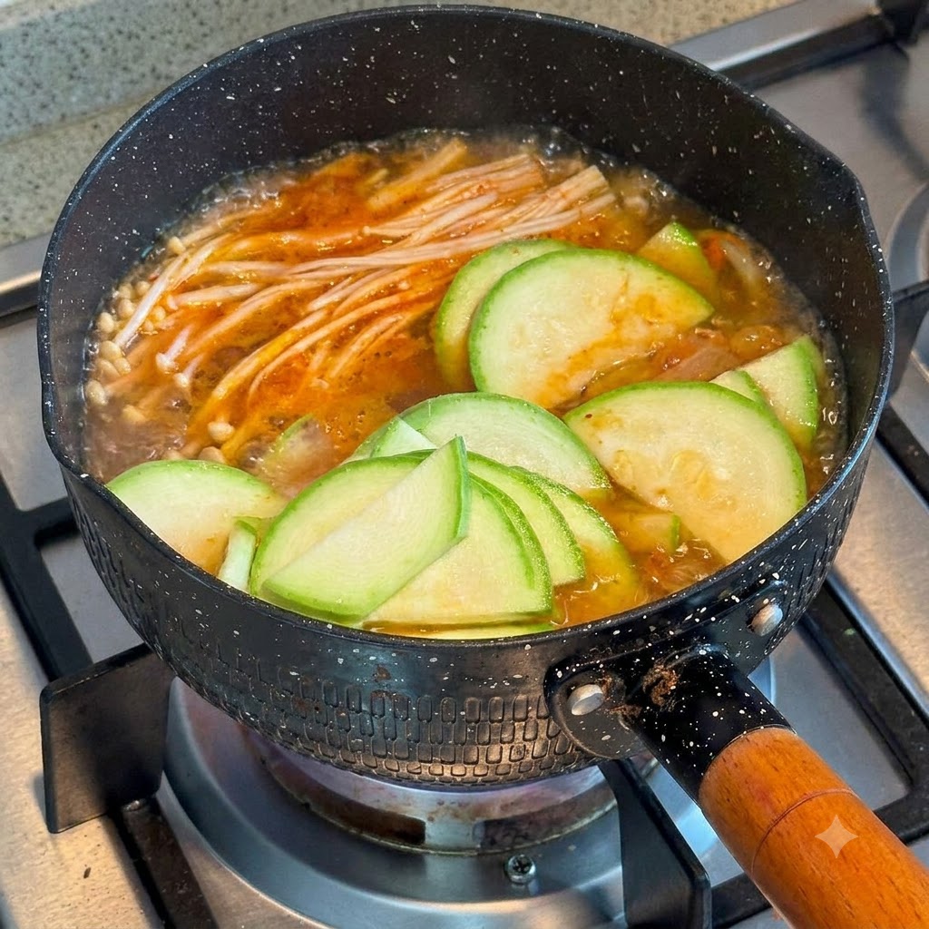팽이버섯과 애호박이 들어간 보글보글 끓는 김치찌개 위로 간장이 위에서 부어지는 모습.