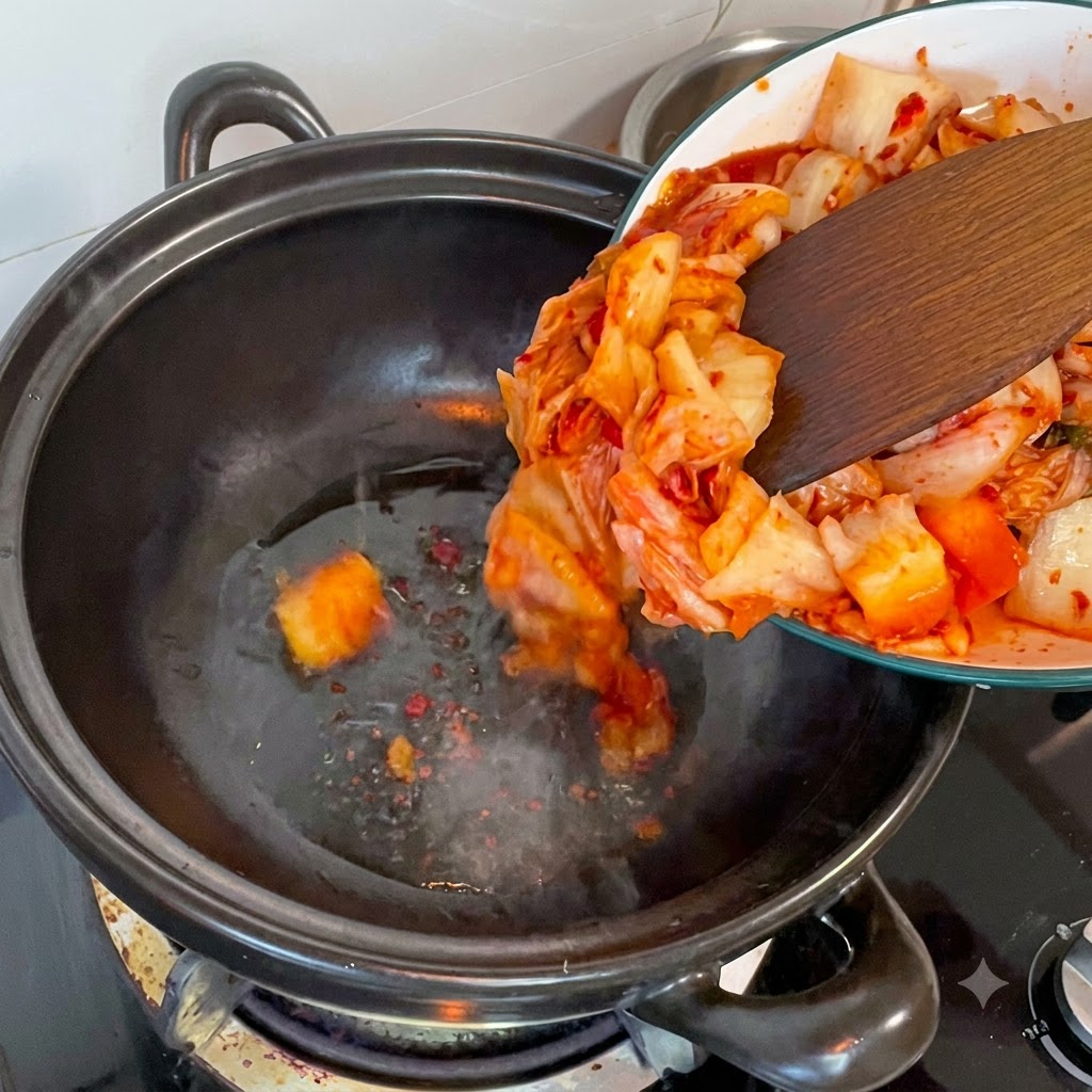 나무 주걱을 이용해 접시에 담긴 썬 김치를 뜨겁게 달궈진 어두운 냄비 안으로 밀어 넣는 모습.