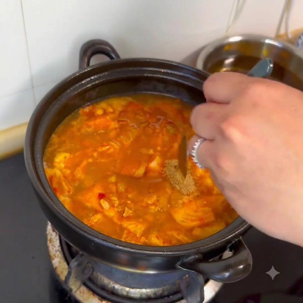 작은 숟가락을 이용해 끓고 있는 찌개 냄비에 소고기 다시다와 조미료를 넣는 모습.