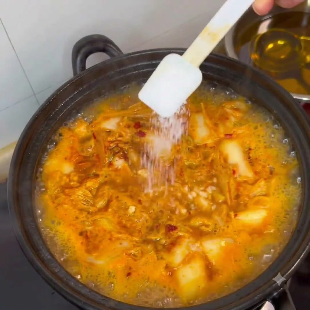 하얀 접시에 담긴 네모난 두부 조각들을 보글보글 끓는 찌개 냄비에 조심스럽게 넣는 모습.