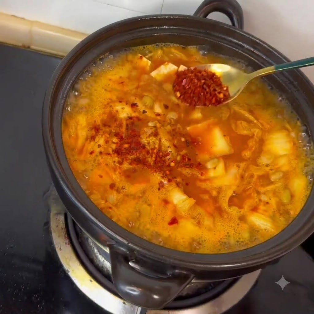 작은 스푼을 이용해 찌개 냄비에 고춧가루를 털어 넣는 모습.