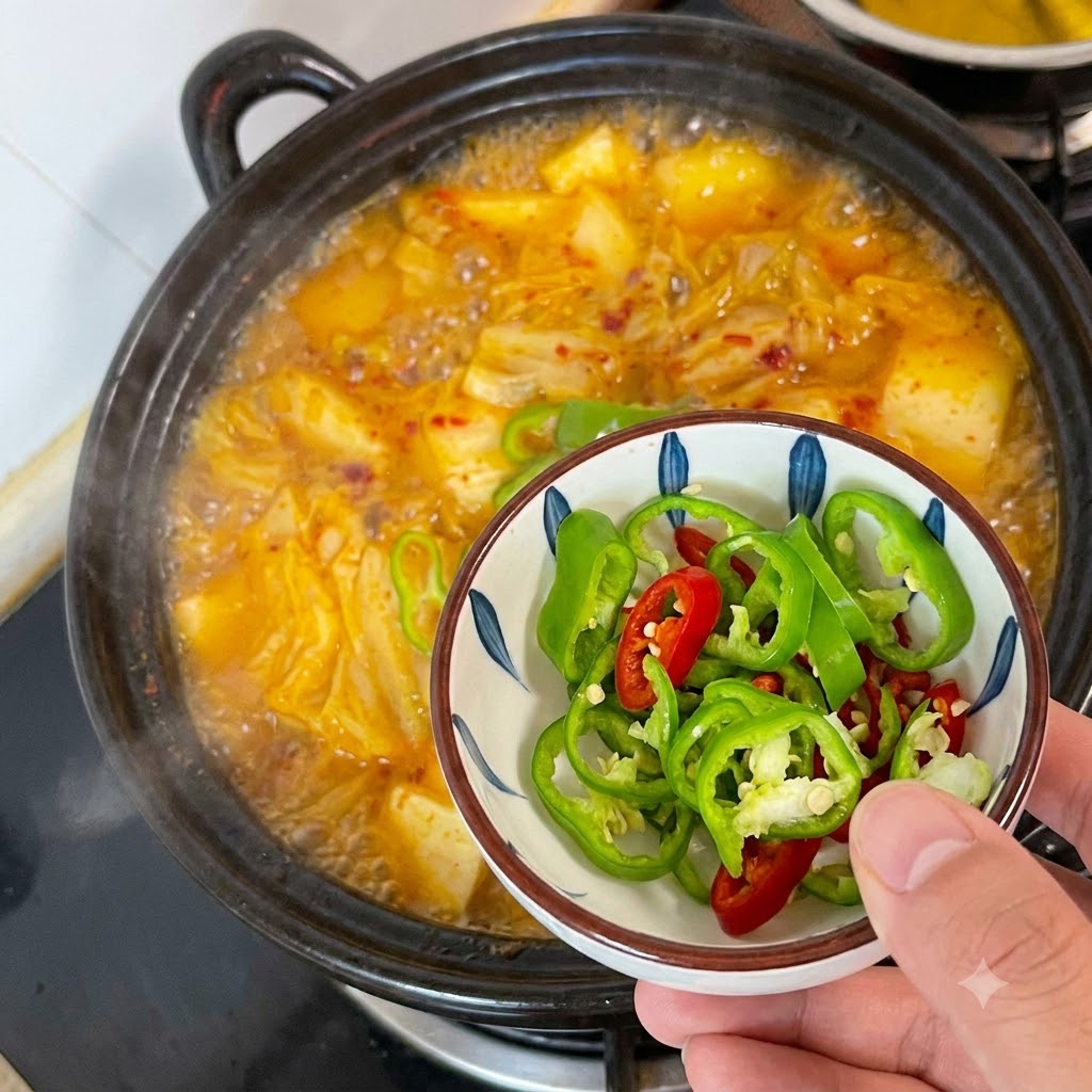 끓는 soup에 넣기 위해 그릇에 담아 둔 썬 청고추와 홍고추 링.