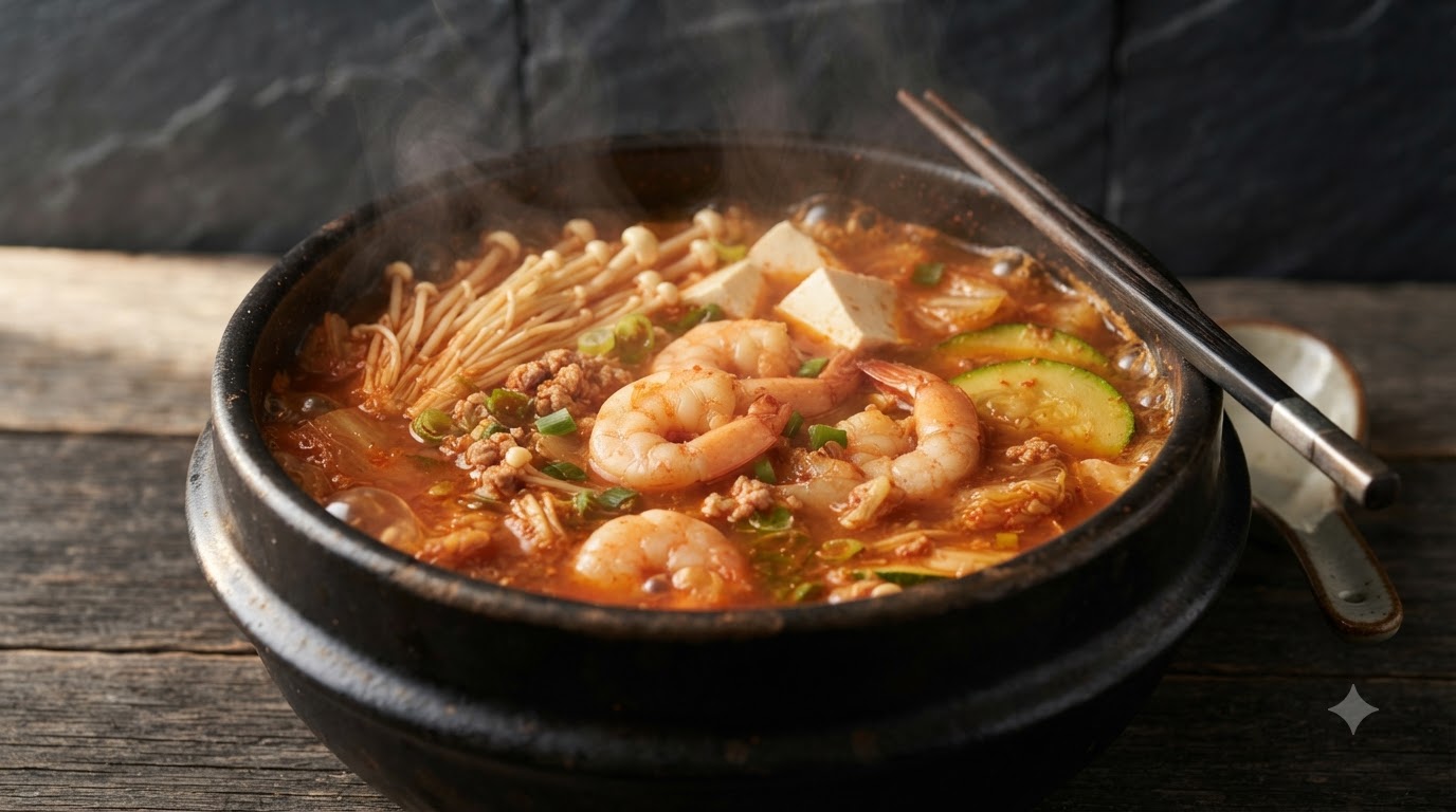 점보 새우, 두부, 팽이버섯, 채소가 가득 채워져 보글보글 끓고 있는 한국식 김치 된장찌개 냄비
