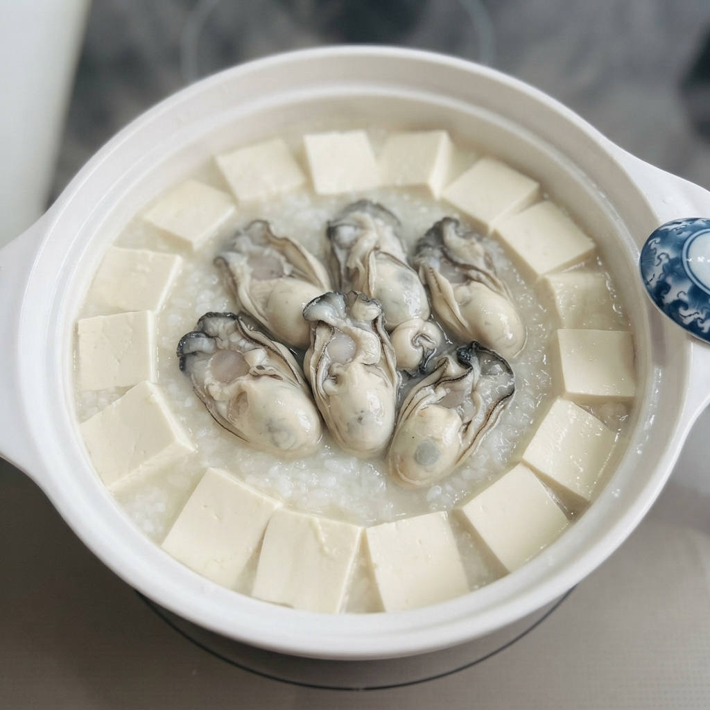 하얀 도자기 냄비에서 함께 끓고 있는 굴과 두부.