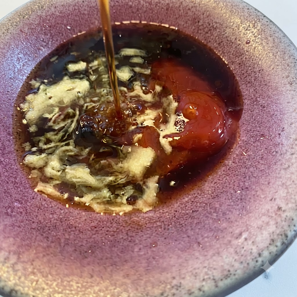 소스 재료가 담긴 그릇에 맛술이 부어지고 있는 모습.