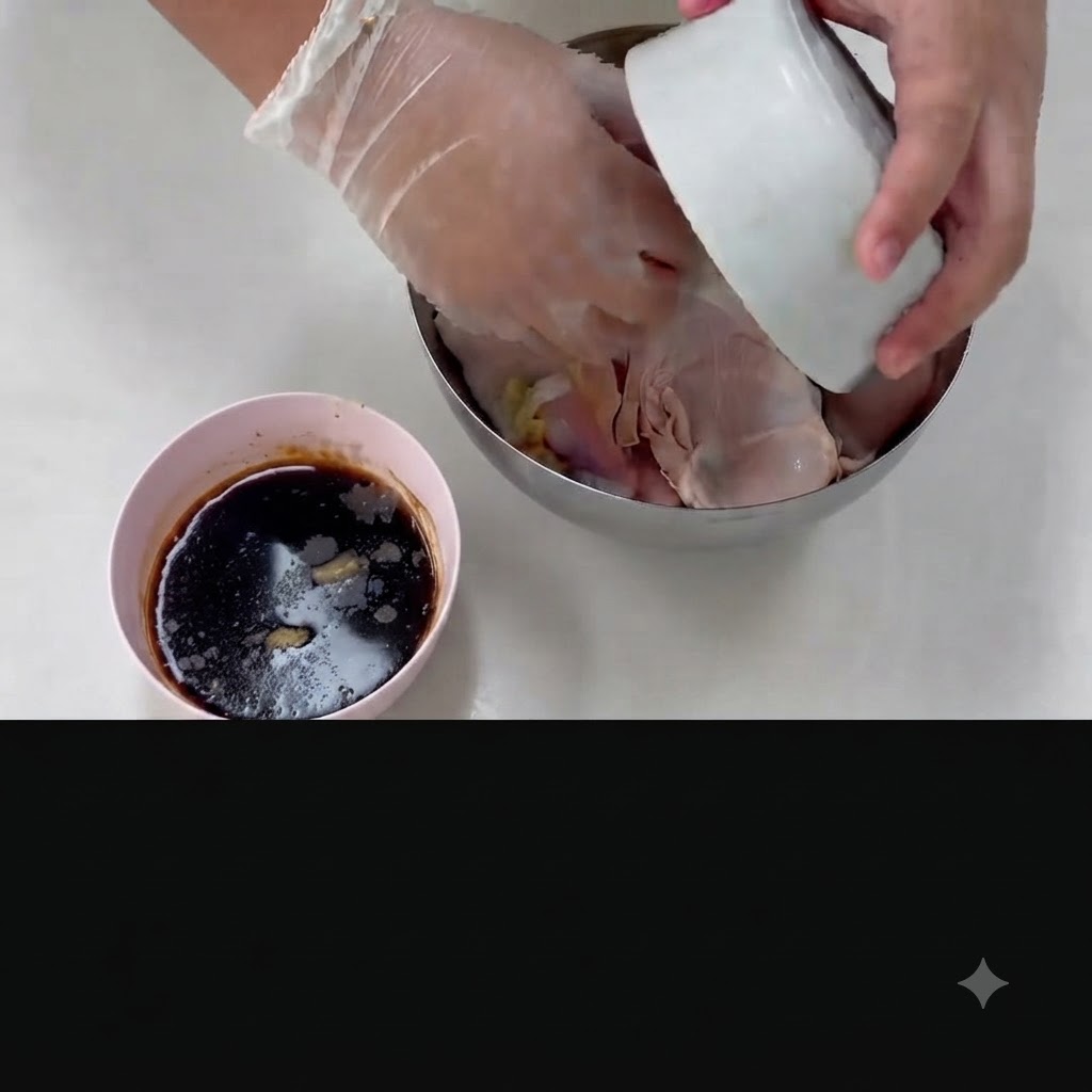 작은 그릇에서 닭고기 볼로 향신 채소를 붓는 모습.