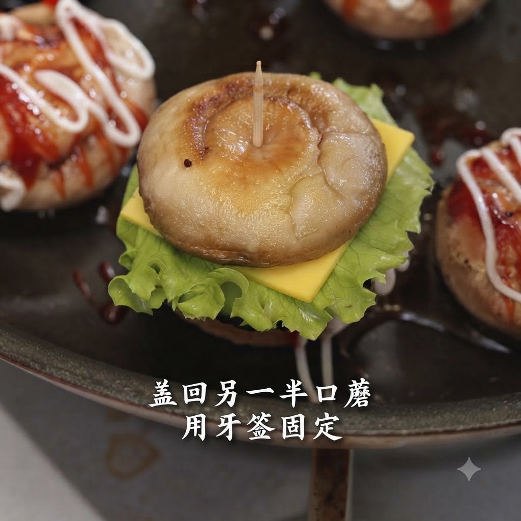 중앙에 이쑤시개가 수직으로 꽂혀 있는 조립된 채워진 버섯 미니 버거.