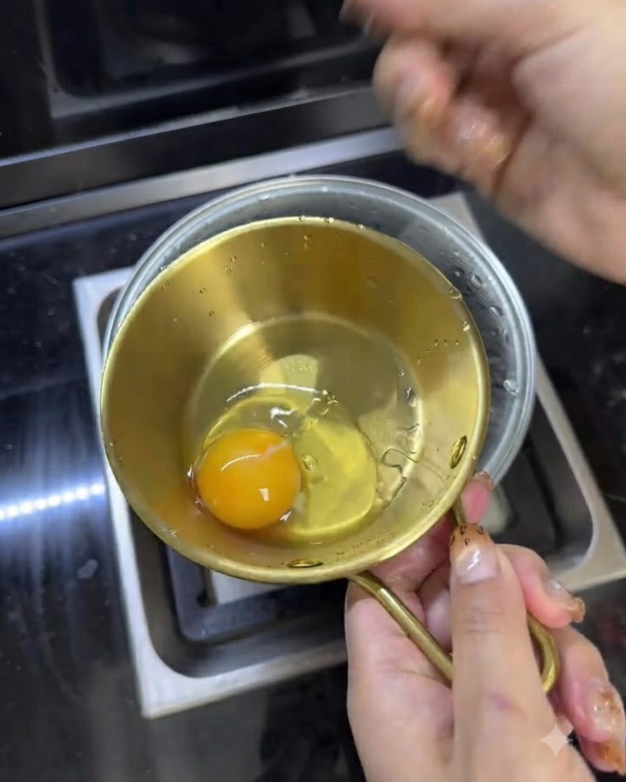 작은 금색 그릇에 담긴 두 개의 계란과 그 위에 뿌려진 붉은색 칠리 오일.