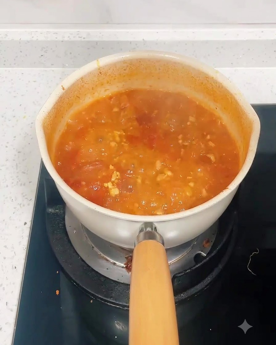 보글보글 끓고 있는 붉은색 토마토 고기 소스 냄비에 잠긴 마른 스파게티 면.
