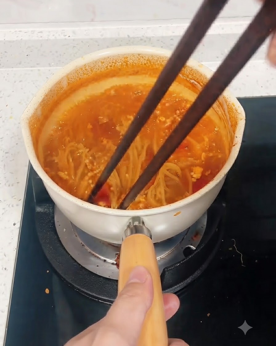 어두운 색상의 젓가락 한 쌍이 끓는 붉은 소스 냄비 안에서 스파게티 면을 섞고 있는 모습.