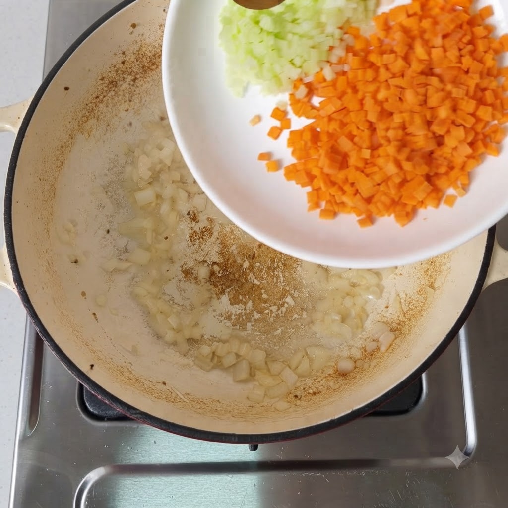 양파가 볶아지고 있는 팬에 썰어둔 당근과 셀러리가 투입되는 모습.