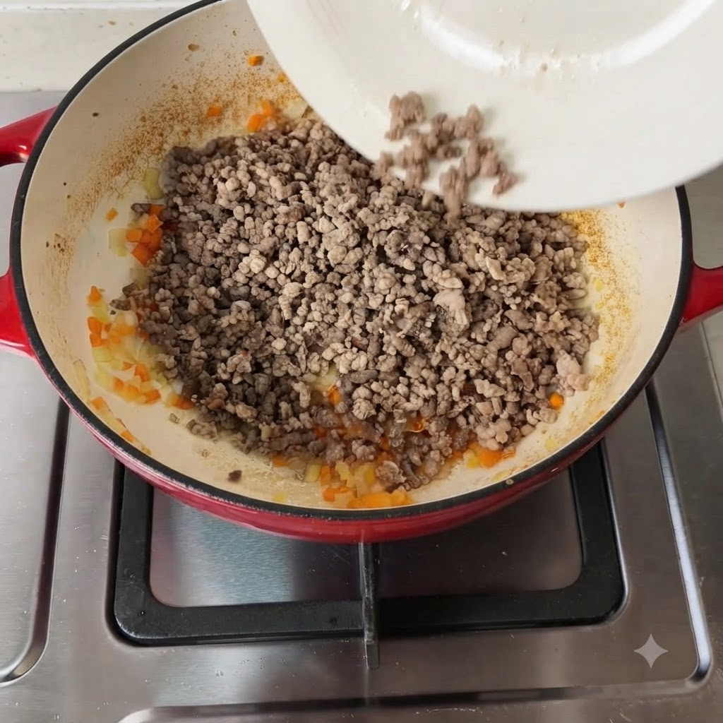 고기와 채소 혼합물에 각종 양념과 다진 토마토가 추가되는 모습.
