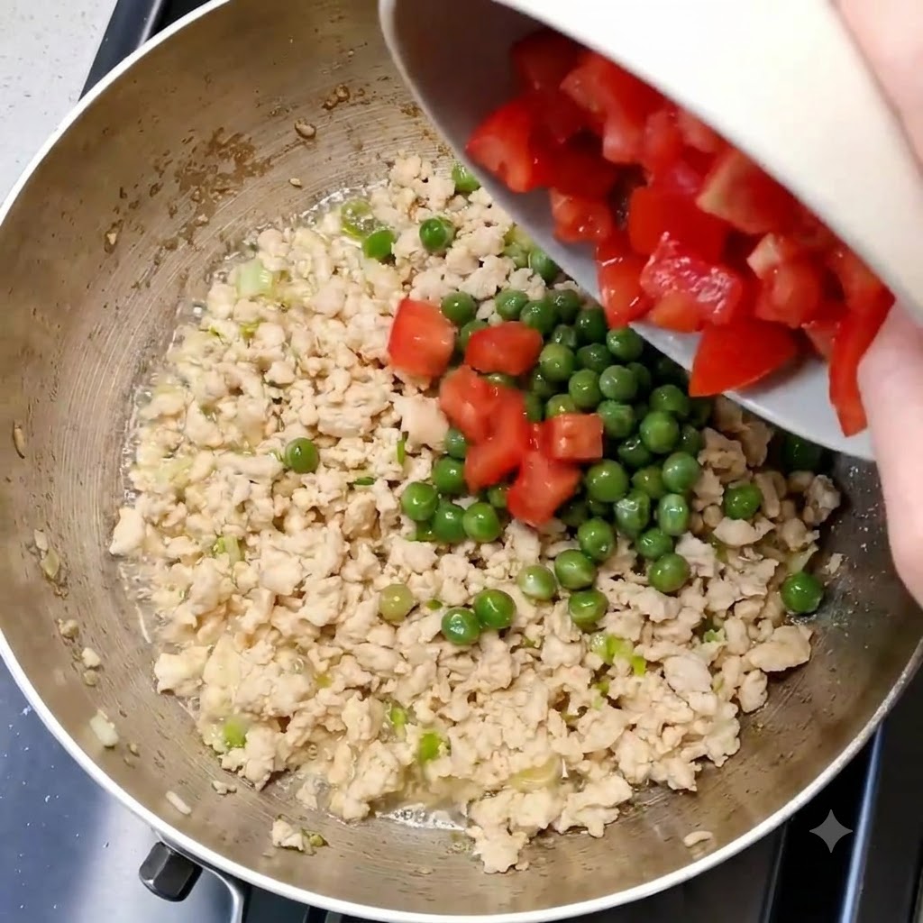 접시에 담긴 다진 토마토를 재료가 담긴 팬으로 붓는 모습.