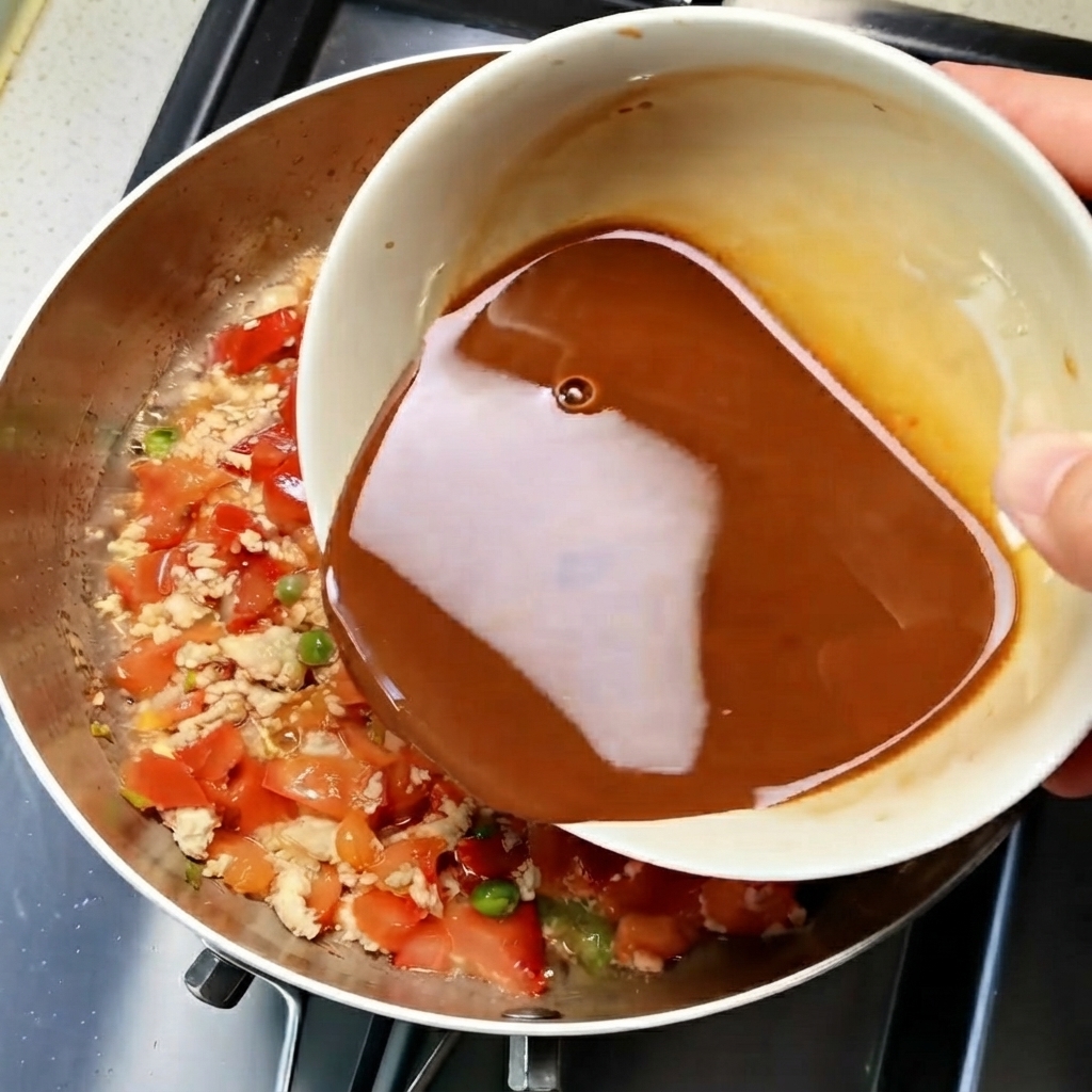 다진 고기, 토마토, 완두콩이 볶아진 팬에 하얀 그릇의 시판 브라운 소스가 부어지는 모습.