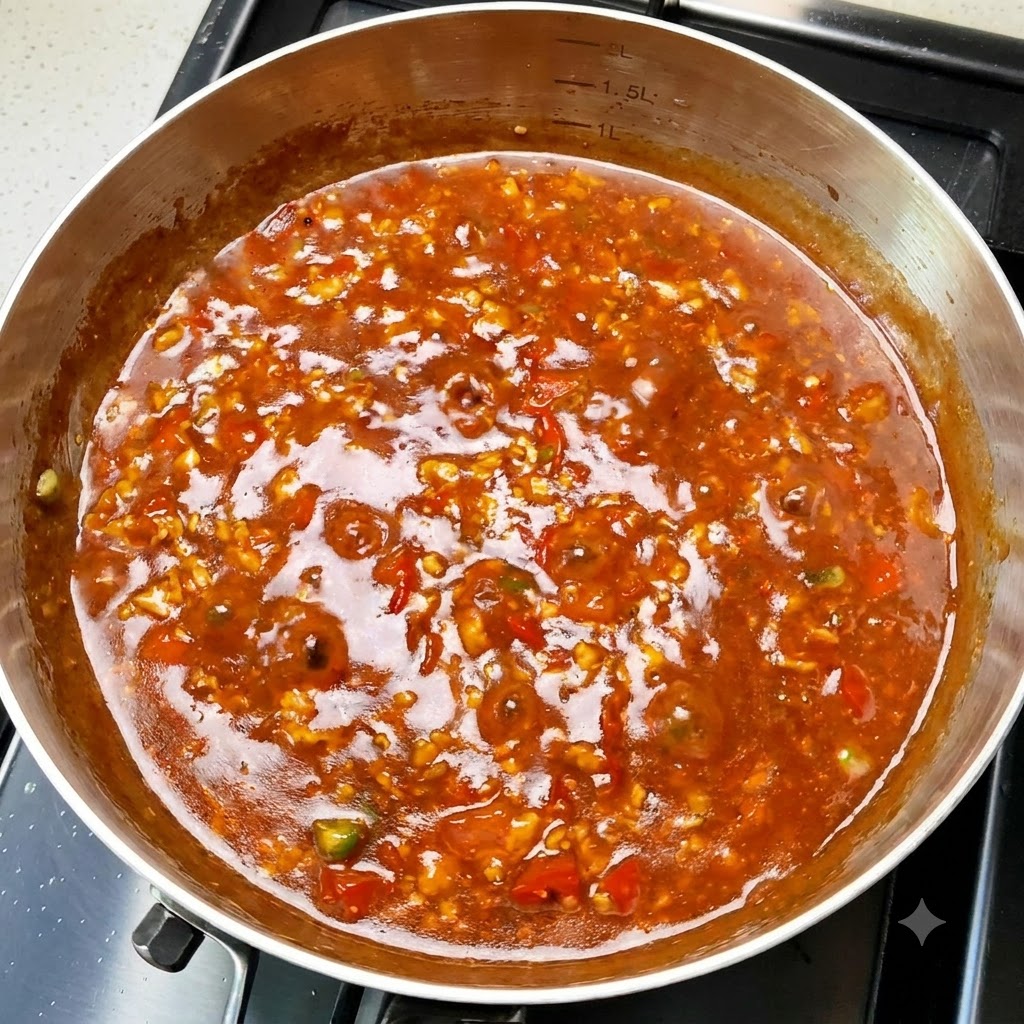 스토브 위에서 걸쭉한 토마토 미트소스가 보글보글 끓고 있는 팬.