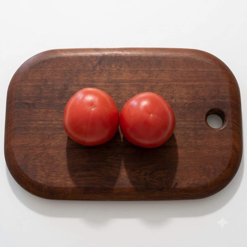 나무 도마 위에서 작은 조각으로 썰린 신선한 토마토들.