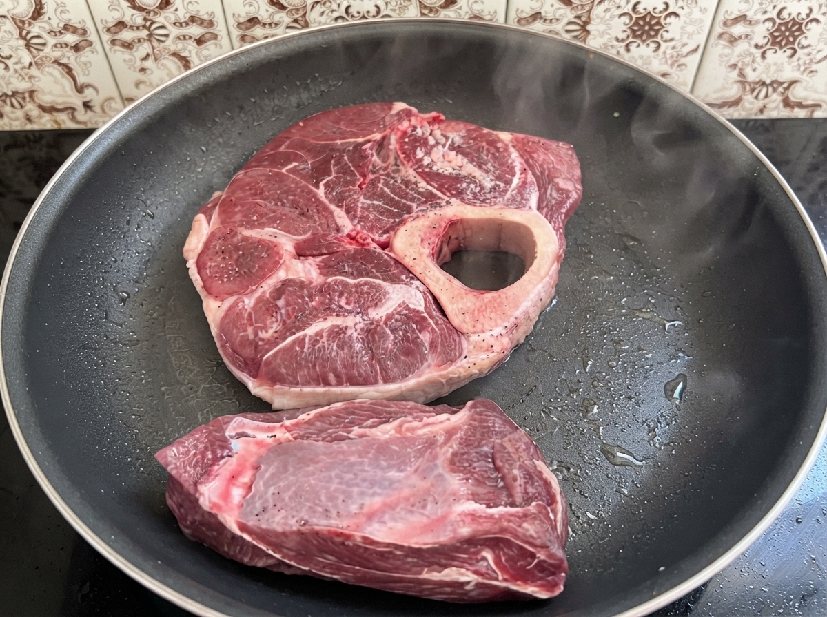 김이 모락모락 피어오르는 뜨거운 프라이팬에서 시즈닝된 소고기 조각들이 구워지고 있는 모습.