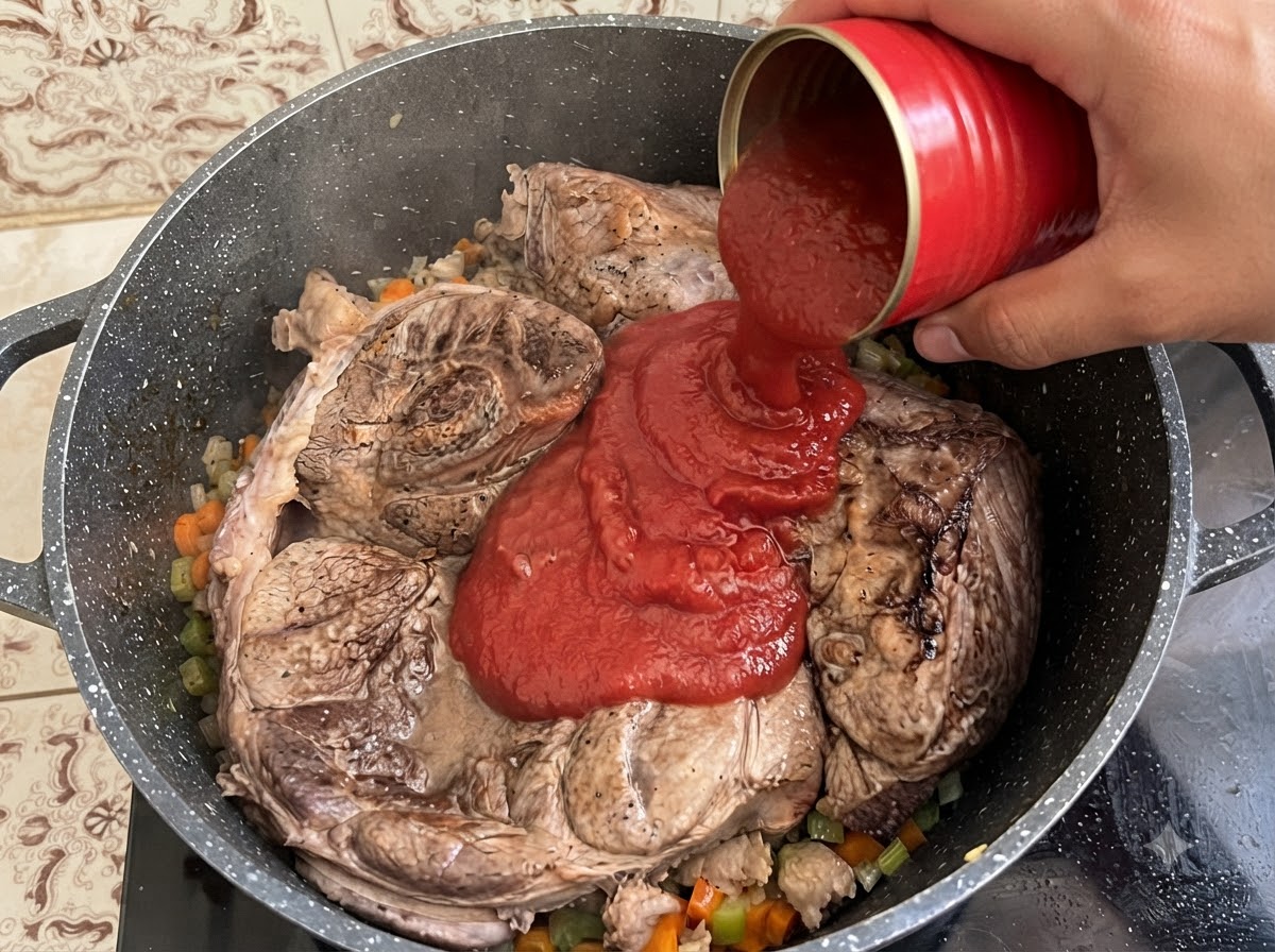 고기와 익힌 채소가 담긴 커다란 냄비에 빨간 캔에서 토마토 퓌레를 붓고 있는 모습.