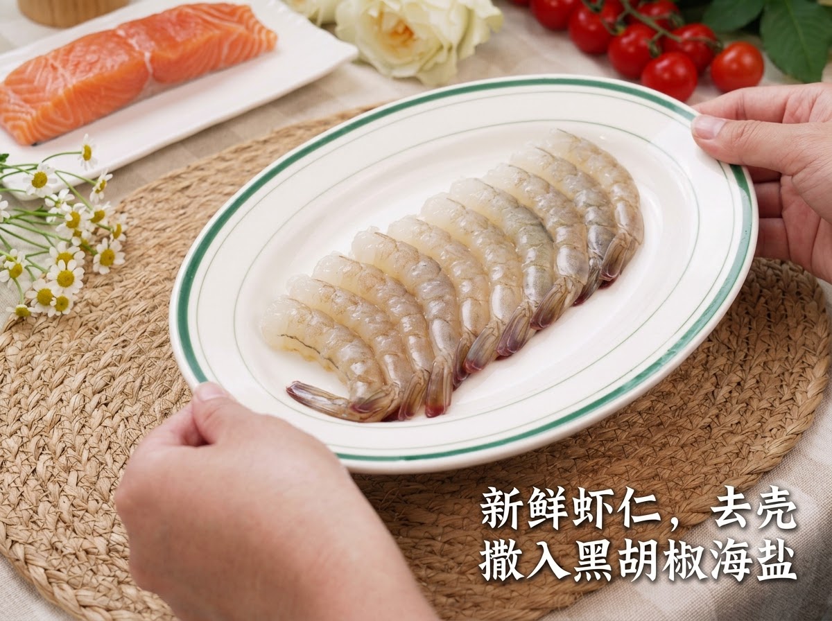 후추와 천일염이 뿌려진 채 흰색 서빙 플레이트에 정돈되어 있는 신선한 깐 새우.