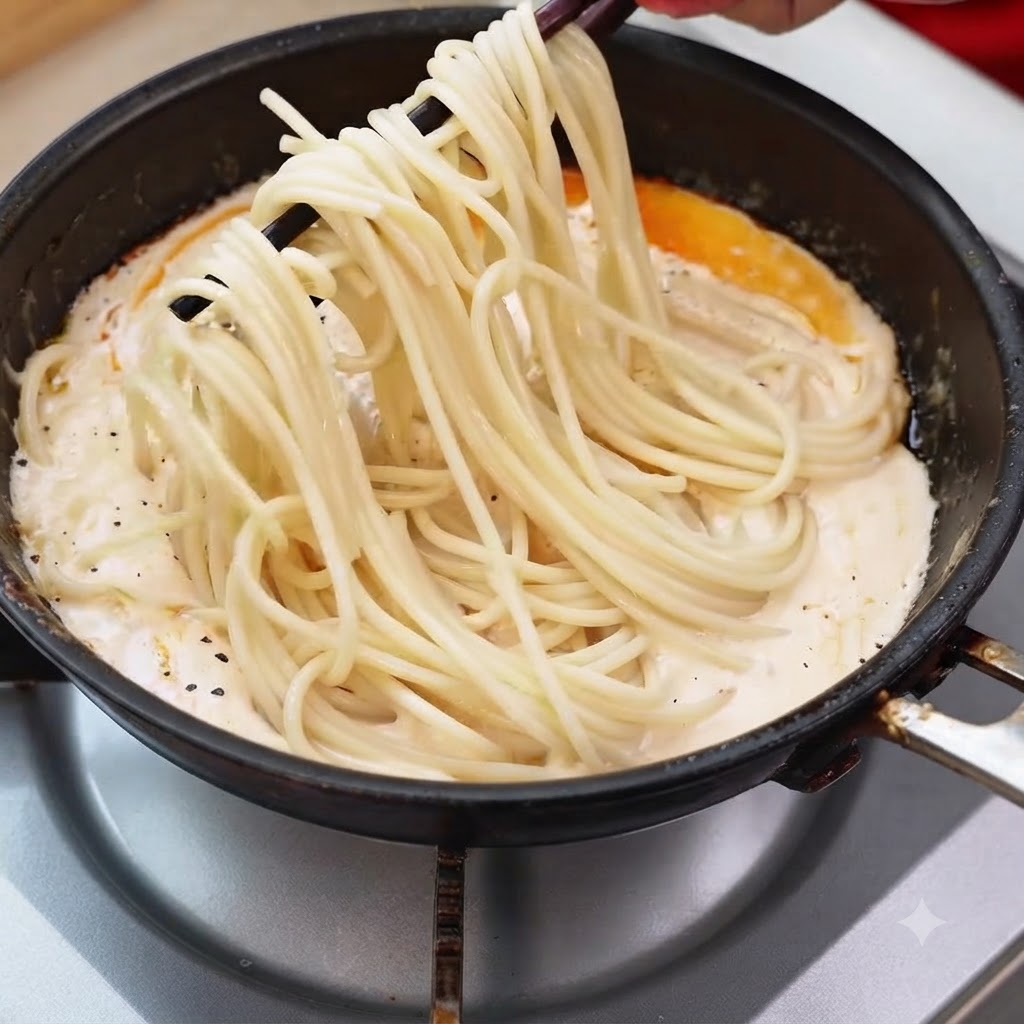 새우가 들어간 크리미한 팬 소스 안에서 젓가락으로 삶아진 스파게티 면 가닥이 들어 올려지는 모습.