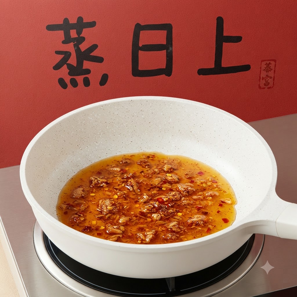 붉은 배경의 버너 위에서 액체 소스와 향신료 패킷이 담긴 팬의 모습