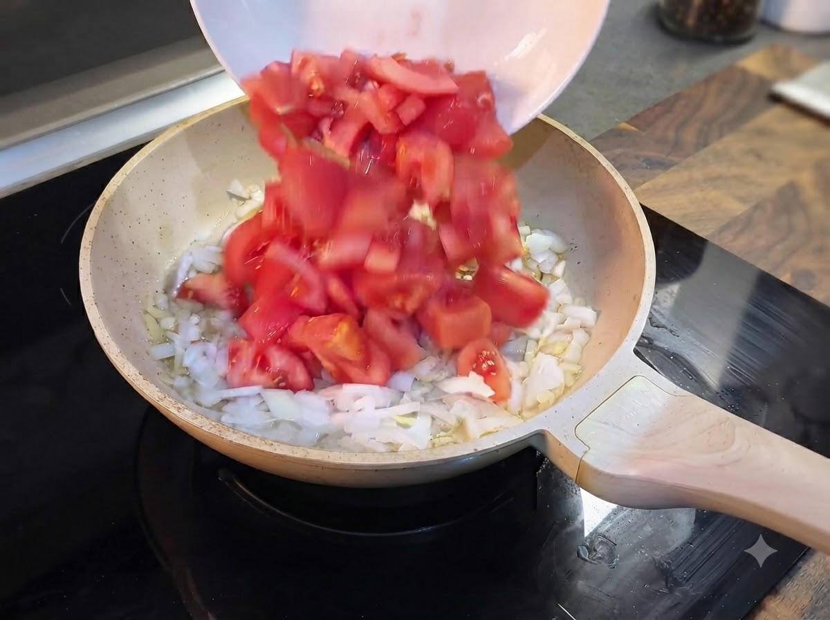 하얀 그릇에 담긴 신선하고 빨간 다진 토마토를 양파가 있는 팬에 붓는 모습.